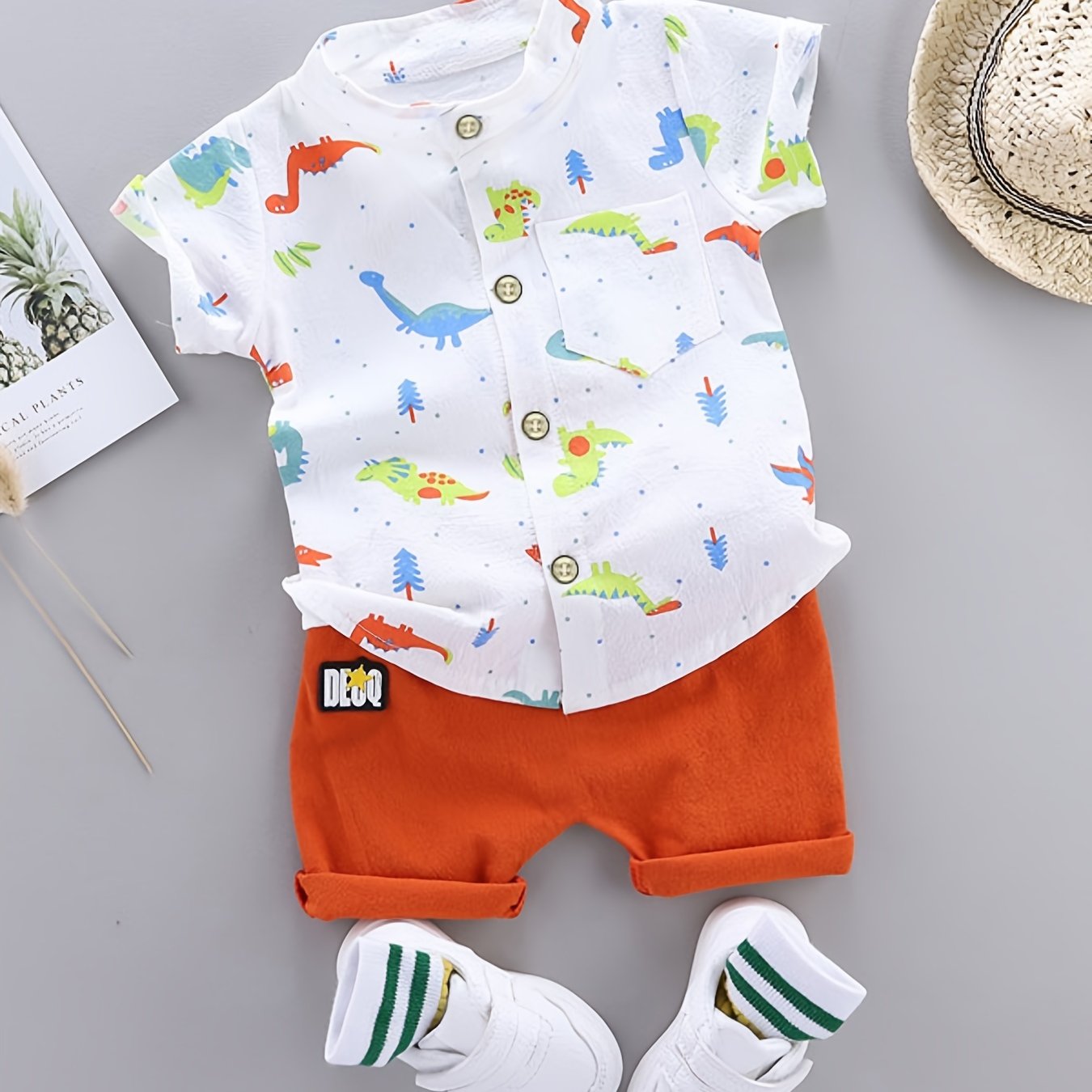 2pcs Baby Boys Dinosaur Print Button Short Sleeve Shirt Top & Elastic Waist Shorts Set Toddler Summer Clothes For Daily & Outdoor Wear