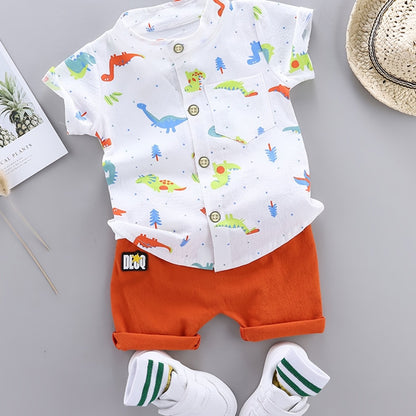 2pcs Baby Boys Dinosaur Print Button Short Sleeve Shirt Top & Elastic Waist Shorts Set Toddler Summer Clothes For Daily & Outdoor Wear