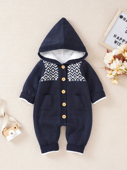 Newborn Boys And Girls Knitted Jumpsuit With Long Sleeve Hooded Pants Jumpsuit