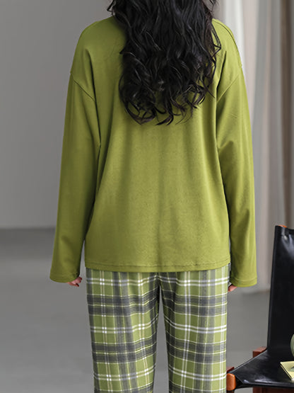 2pcs Women's pajama set, green round neck long-sleeve top with plaid print and elastic waist pants, comfortable casual fit, machine washable, essential home wear for autumn and winter