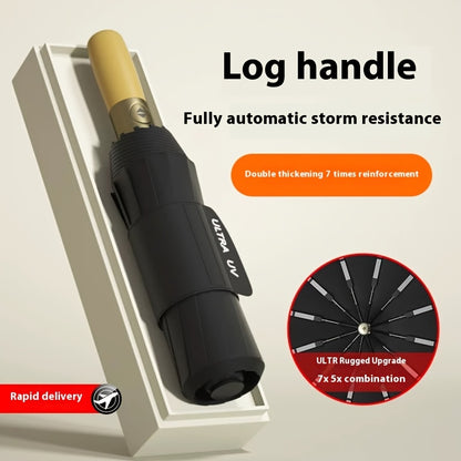 Automatic Open/Close Heavy-Duty 12-Rib Windproof Umbrella with Solid Wood Handle (Birch/Beech) - Large Canopy All-Weather Windproof & Folding Umbrella for Men &, Business, Travel - Automatic Solid Color (Maroon/Black/Navy