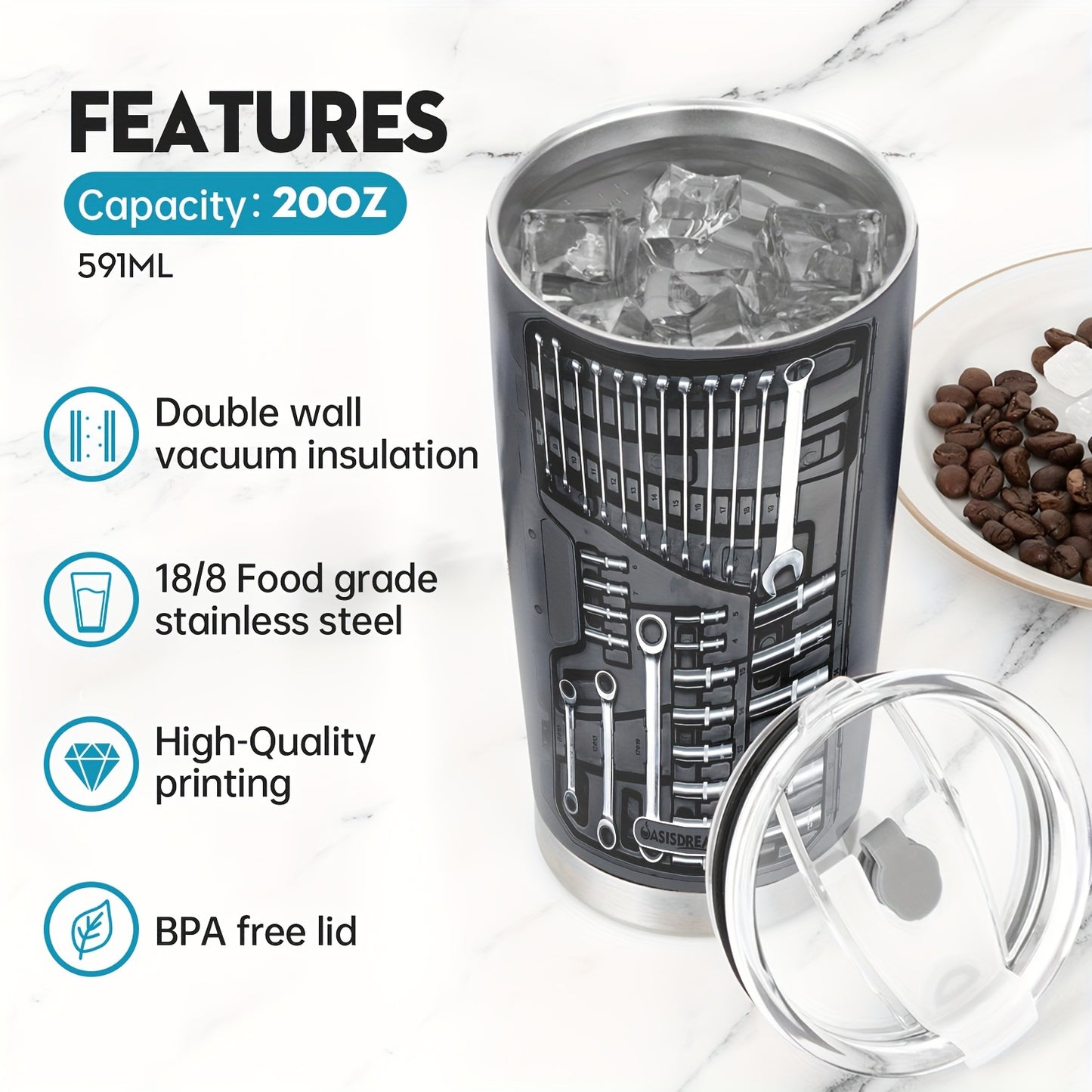 1pc 20oz Vacuum-insulated Coffee Mug, Mechanic Tool Graphic Printed Tumbler With Lid, Stainless Steel Travel Mugs With Lid, Double Wall Cups For Cold & Hot Drinks
