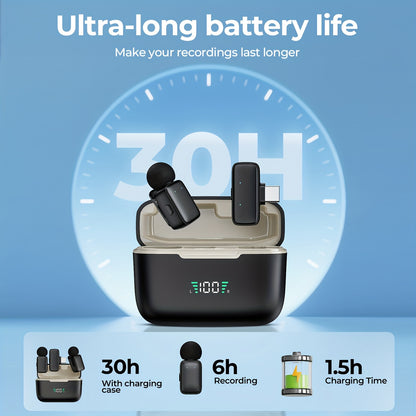 2 Wireless Lavalier Microphones with Charging Case - Clip-On, USB-C, 100°C High Sensitivity, 3.5mm Jack, Compact Design for Video Recording, Vlogging, Interviews, Streaming, Microphone for Phone, Vlogging Accessories, Modern