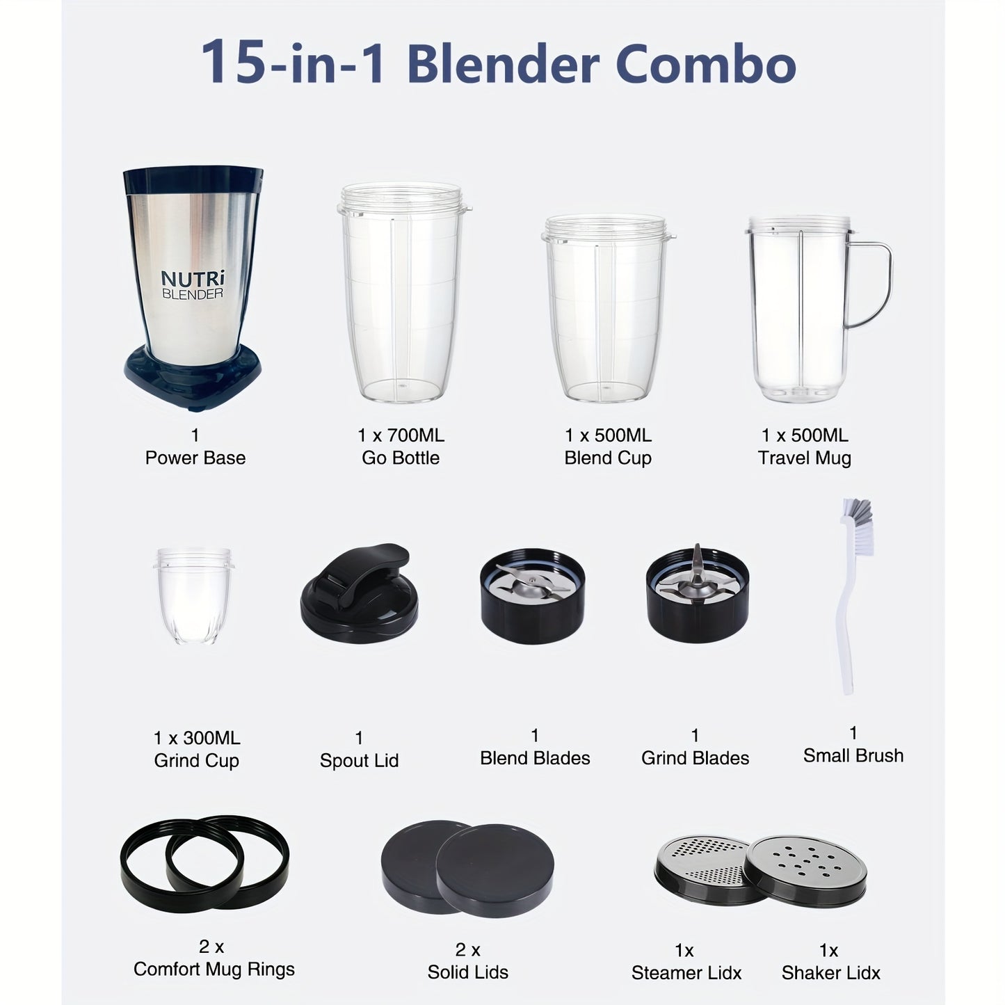 Smoothie Blender, Milkshake And Smoothie Blender, 15pcs Kitchen Personal Blender And Grinder Combo, Single Blender for Making Juice, Baby Food And Nutritional Recipes with Clean Brush