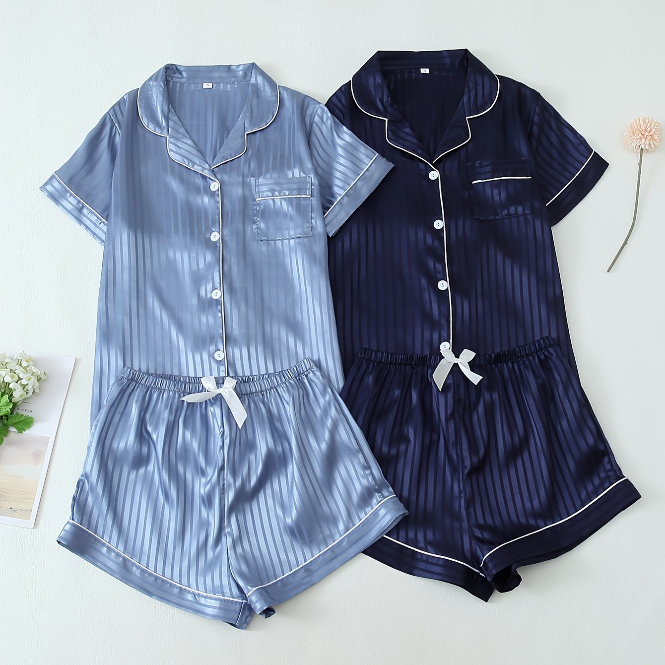 2 Sets Women's Striped Satin Casual Pajama Set, Short Sleeve Buttons Lapel Top & Shorts, Comfortable Relaxed Fit