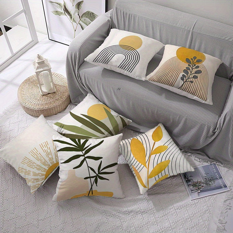 6pcs modern geometric pattern pillow case-white yellow green plant leaf pattern & abstract pattern, breathable zipper closure sofa bedroom car decorative cushion cover, all season machine wash (without inner core), suitable f