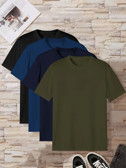Conjunto de 4 t-shirts casuais para homem de cor sólida, estilo simples, manga curta e gola redonda, ideais para usar em casa, como pijama ou para atividades ao ar livre no verão.
