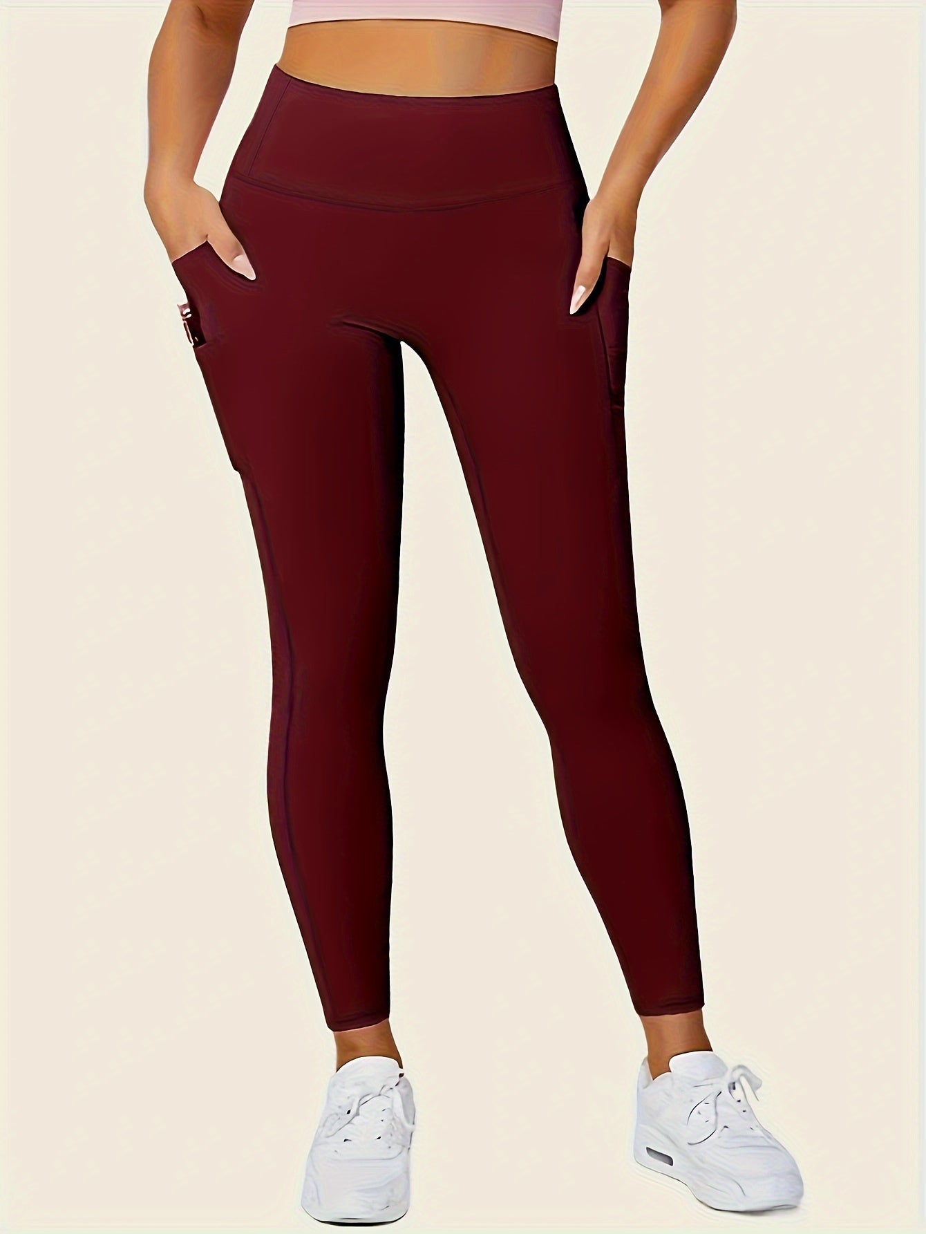 Women'S High-Waisted Shaping Leggings with Double Pockets - Butt-Lifting Design, Maroon Solid Color, Comfortable Stretch Fabric for, & Casual Wear, Leggings, Apparel, Sleek Look, Durable
