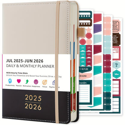 2025-2026 Academic Planner with 12-Month Labels - Daily & Monthly Time Management Organizer, Bookmark Section, Faux Leather Cover, 21.34cm x 14.48cm Back-to-School Planner for Adults, Academic Planner Notebook, Organized Layo