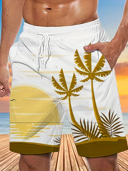 Quick Drying Comfortable Breathable Gradient Palm Tree At Dawn Seaside Drawstring Swim Trunks, Men's Board Shorts Swimwear For Summer Vacation Resort Beach Pool