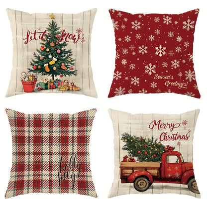 4pcs Set, Christmas Tree Snowflake Truck Buffalo Plaid Pillow Covers, Farmhouse Rustic Red Green Cozy Soft Decorative Pillowcases, Single-Sided Print, Christmas Winter Living Room Bedroom Sofa Bed Decor, No Insert