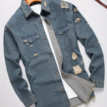 Men's Trendy Ripped Design Casual Button Up Long Sleeve Denim Shirt, Men's Clothes For Spring Summer Autumn, Tops For Men