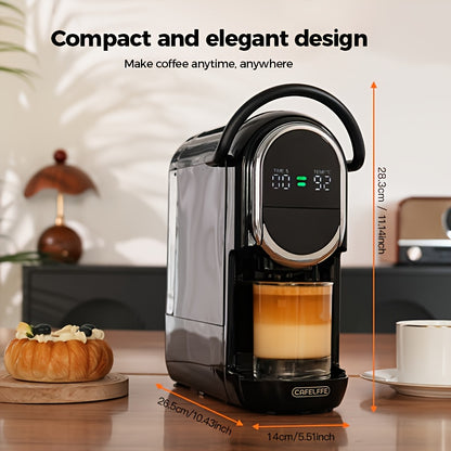 Cafeteira de cápsulas CAFELFFE 4 em 1, máquina de café automática com extração quente e fria, painel LCD visual, ajuste de água em 7 níveis. Compatível com cápsulas DG/Nes Original/café moído/ese, 19 bar. Ideal para casa/escritório.