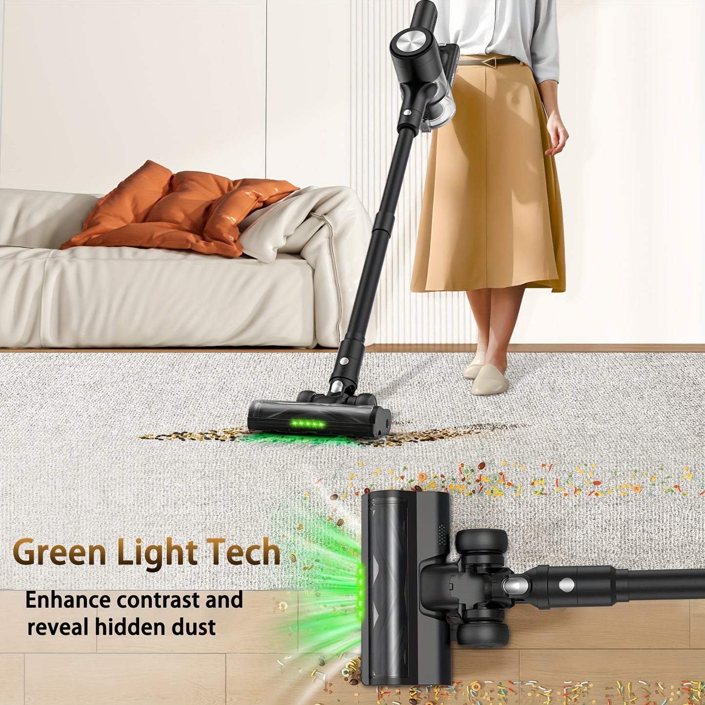 Cordless Vacuum Cleaner, 45KPA Self-Standing Vacuum Cleaner for Home, Stick Vacuum with 60 Mins Runtime, Wall Mount Charging, LED Display, Upgraded Green Light & Anti-Tangle Floor Brush for Pet Hair, Carpet & Hard Floors