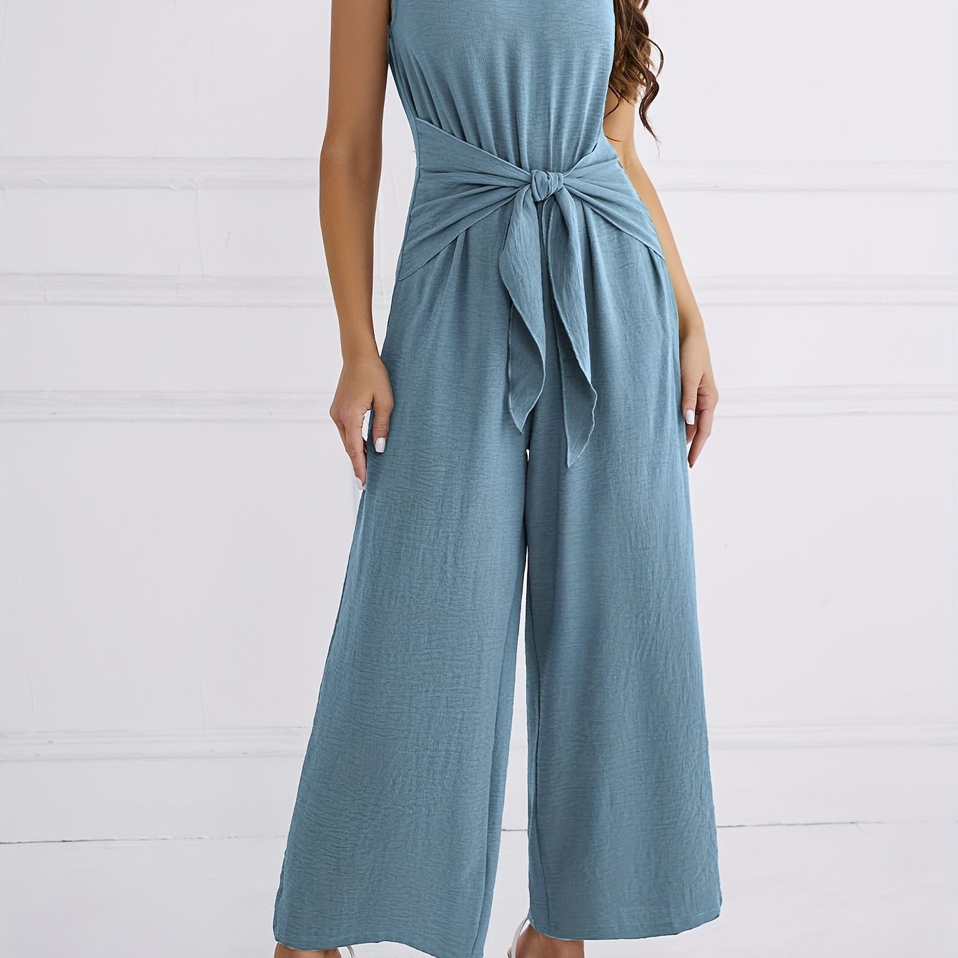 V Neck Knotted Jumpsuit, Casual Wide Leg Sleeveless Jumpsuit For Spring & Summer, Women's Clothing