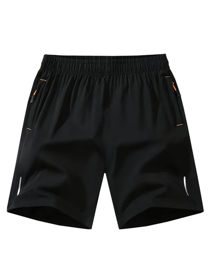 Conjunto de 4 calções desportivos para homem com riscas refletoras - Calções respiráveis ​​de secagem rápida para treinos de verão com bolsos, bege, azul marinho e preto. Calções para ténis e ginásio, design desportivo, tecido de secagem rápida.