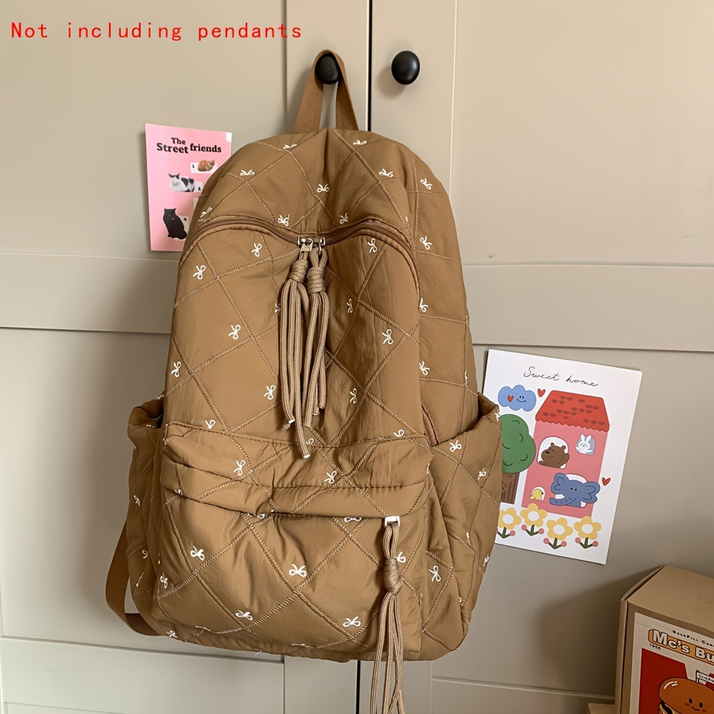 HUOHUO Large Capacity Backpack - Stylish Red & White Quilted Design with Star & Bow Accents, Adjustable Straps, Multiple Compartments, Perfect for School, Commuting, and Everyday Use, Backpack for School, Commuter Bag, Playfu