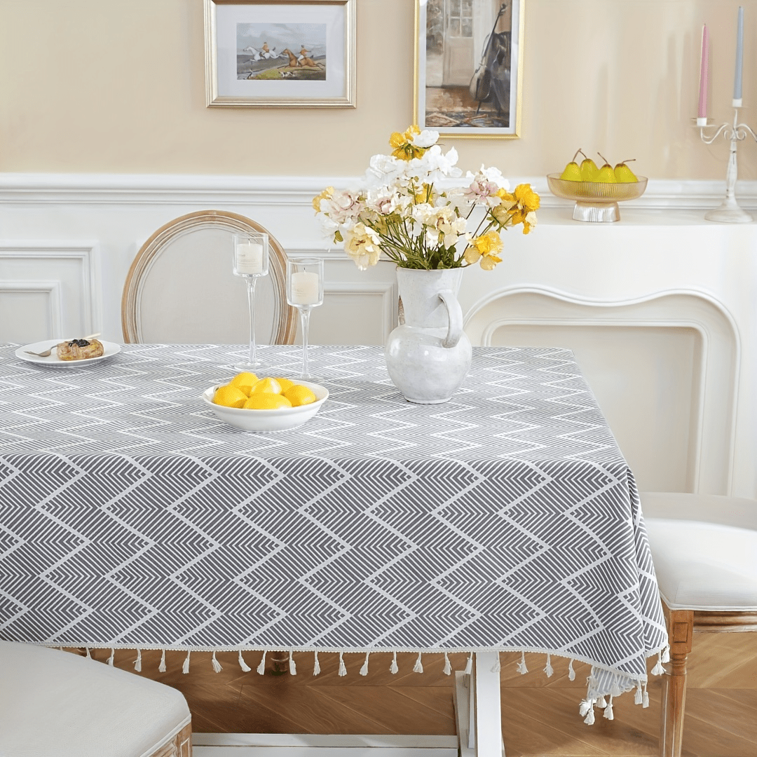 1pc, Bohemian Geometric Wave Pattern Tablecloth - European Style Cotton and Linen Rectangular Tablecloth for Farmhouse, Restaurant, Picnic, Camping, Birthday Party Decoration and Home Decor