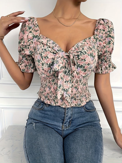 Floral Print Bow Front Blouse, Casual Short Sleeve Top For Spring & Summer, Women's Clothing