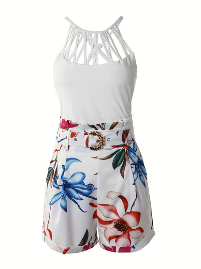 Casual Two-piece Set, Solid Cut Out Cross Back Top & Floral Print Belted Shorts, Women's Clothing