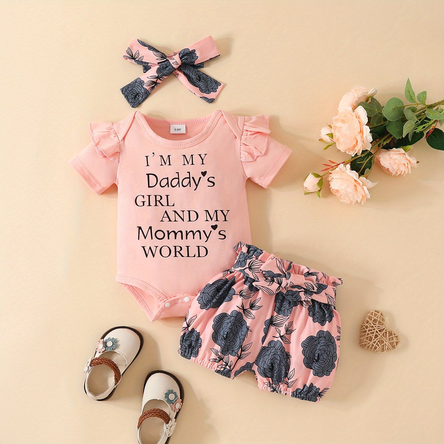 3pcs Short Sleeve & Shorts Set for Newborns - "I'm Daddy's Girl" Letter Print Pants and Headband, Mommy's World Alphabet Kids' Outfit, Perfect for Outdoor