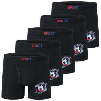 5pcs Football Print Boxer Briefs for Teen Boys - Breathable, Stretchy, Comfort Fit with Elastic Waistband & Half-Button Closure, Black with White & Red Soccer Design, Sports Underwear, Youth Athletic Wear, Sporty Boxers, Brea