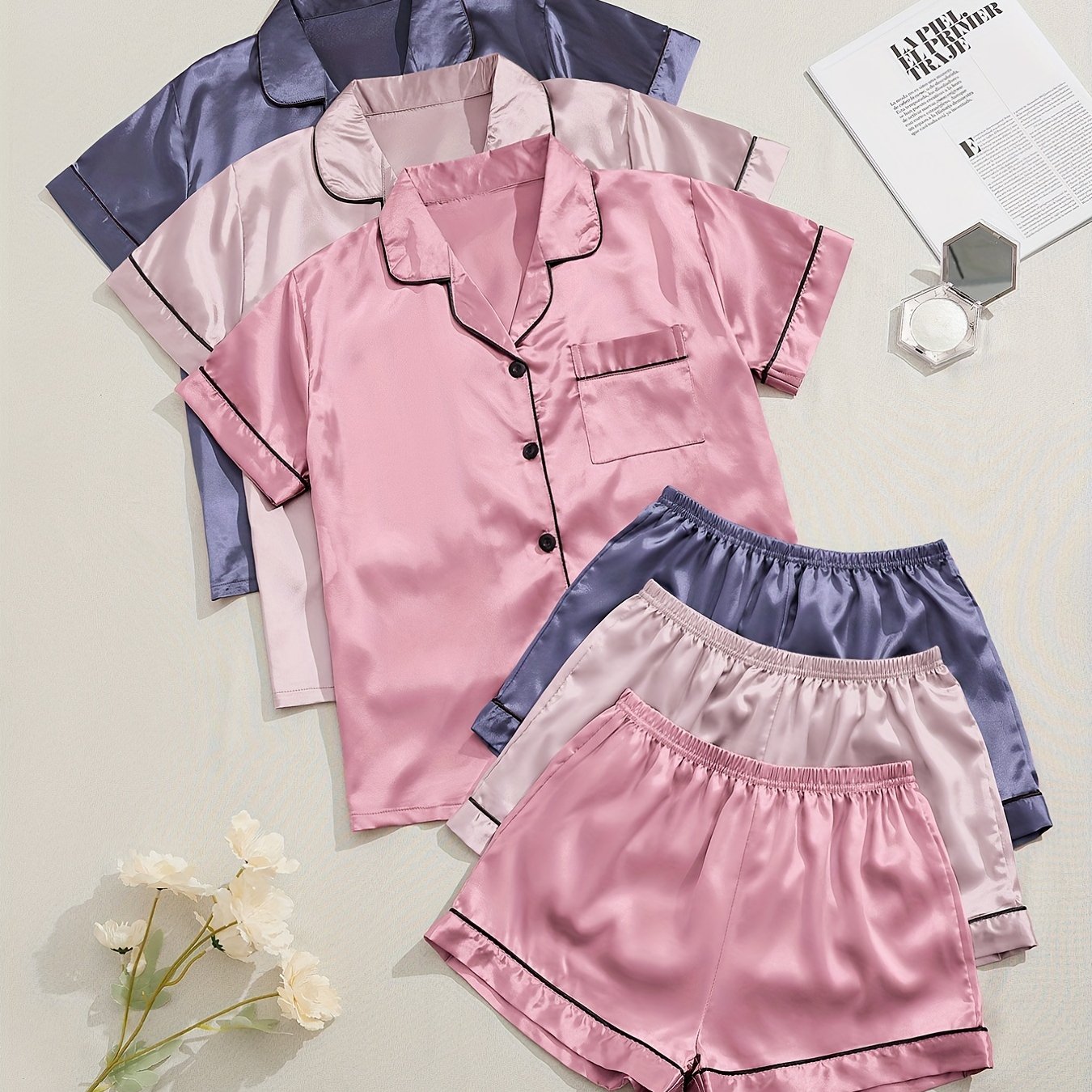 3 Sets Satin Pajama Set, Short Sleeve Lapel Top & Elastic Waistband Shorts, Women's Sleepwear & Loungewear