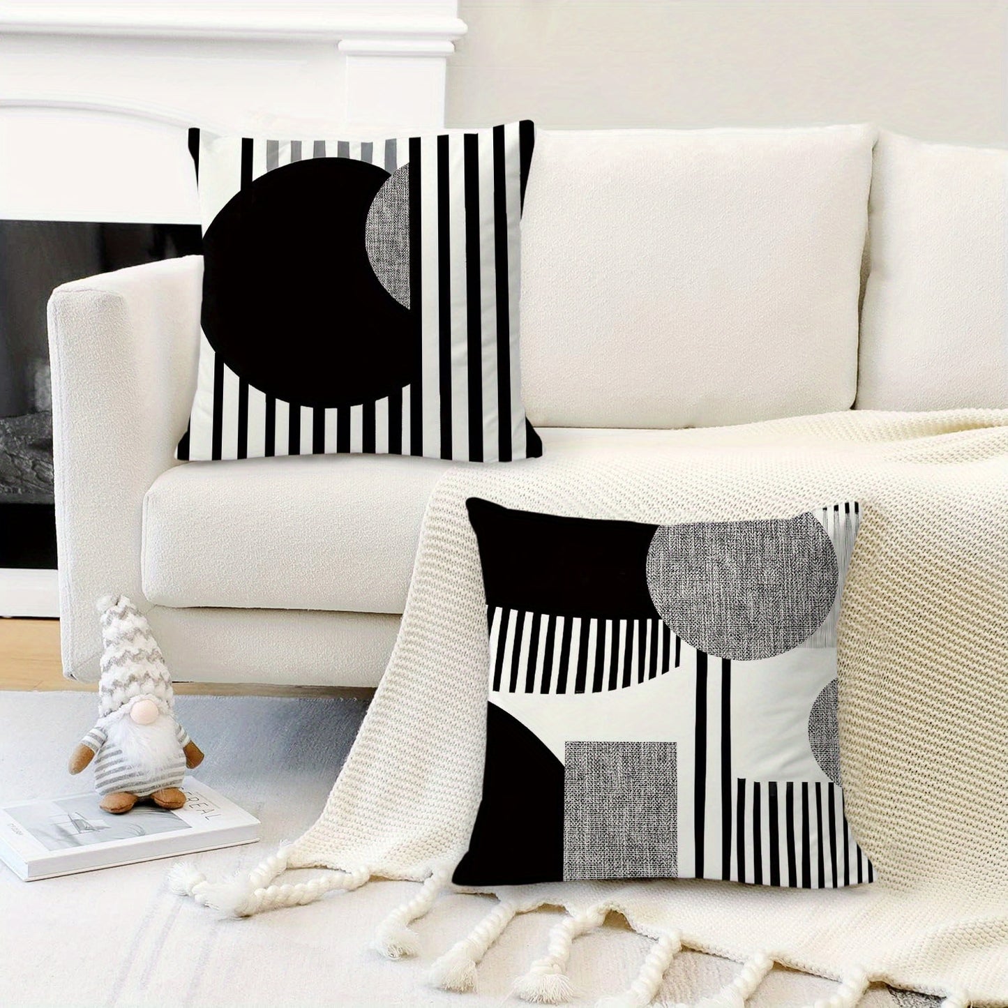 4pcs Bohemian Black and White Geometric Throw Pillow Covers, 45.72cm, Short Plush Polyester Fabric with Zip Closure, Modern Abstract Design for Living Room, Bedroom, Couch Decor, Party Home Decor Pillowcases, Living Room Deco
