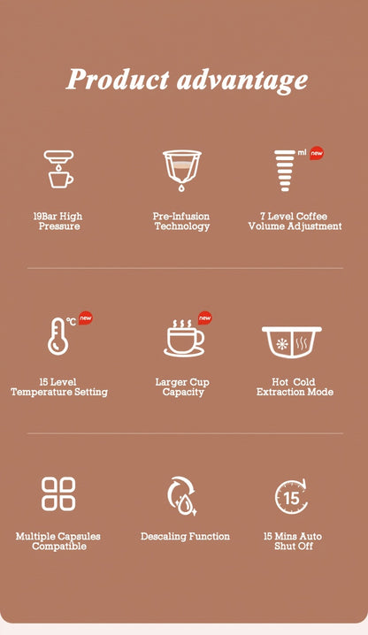 CAFELFFE 4-in-1 Capsule Coffee Machine | 19 Bar Espresso Maker | Smart Temp Control & 7 Preset Brewing Times | Compatible with Nes/DG/ Capsules Ground Coffee/ESEpod | Premium Gift Set for Coffee Lovers & Family, Automatic Esp