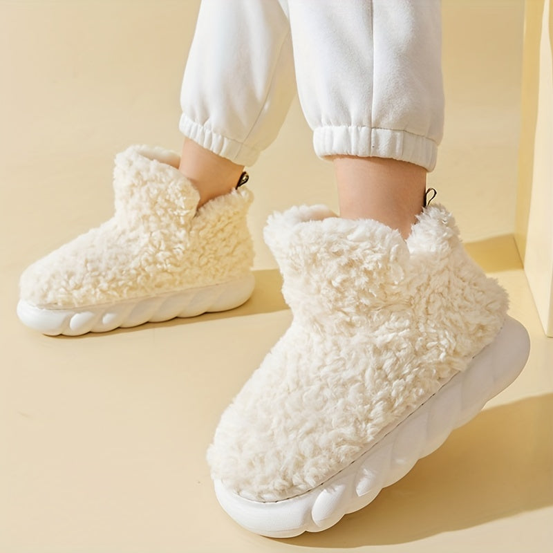 Women's Solid Color Fuzzy Slippers, High-top Round Toe Non-slip Thick Bottom Fluffy Warm Shoes, Winter Cozy Indoor Shoes