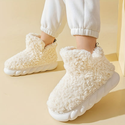 Women's Solid Color Fuzzy Slippers, High-top Round Toe Non-slip Thick Bottom Fluffy Warm Shoes, Winter Cozy Indoor Shoes