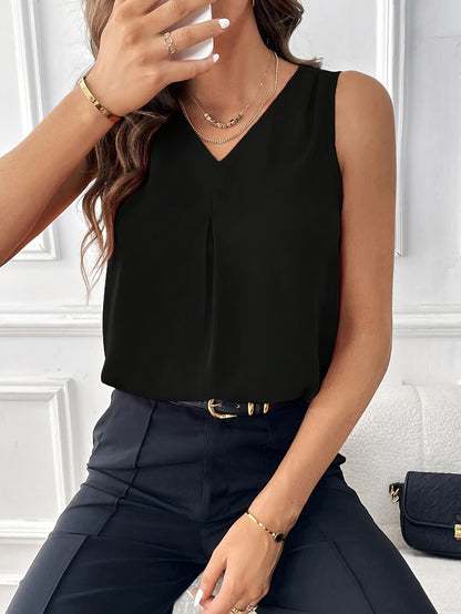 Solid Color V-neck Simple Blouse, Elegant Sleeveless Loose Blouse For Spring & Summer, Women's Clothing