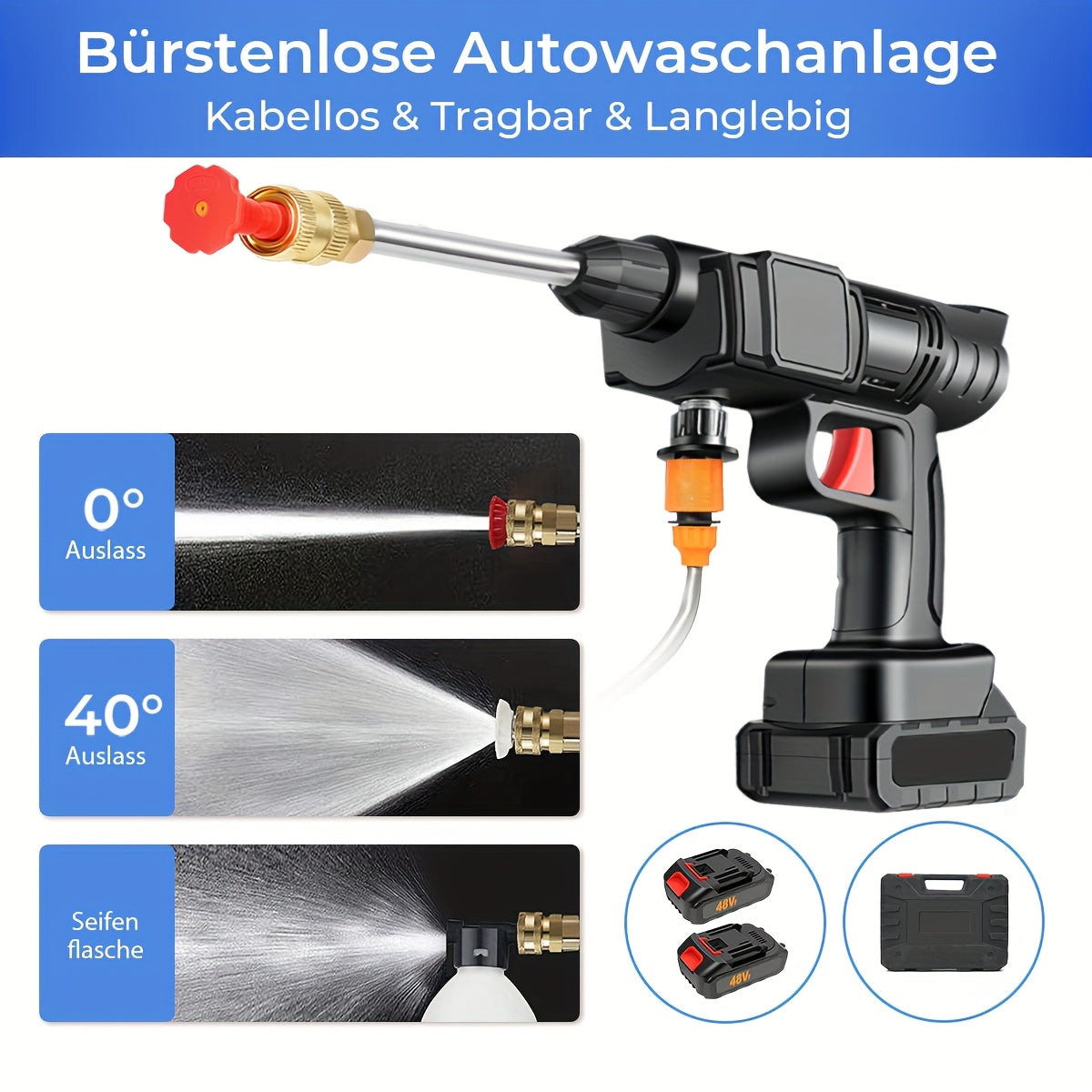 Lavadora de Alta Pressão Sem Fios 7MAGIC 6 em 1 com 2 Baterias e Caixa de Ferramentas - Recarregável, 100-240V, Plástico Durável, Multifunções para Manutenção de Relvados e Jardins, Pistola de Lavadora de Alta Pressão Sem Fios, Fácil de Usar