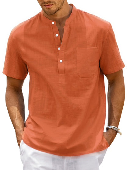 Men's Shirt Top, Solid Band Collar Short Sleeve Closure Summer Male Casual Henley Shirt For Daily Business Formal Shirts For Men
