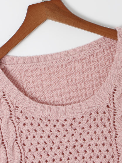 Vestido de malha rosa elegante para mulher - Casual, manga comprida, gola redonda, comprimento midi justo com padrão de tranças, perfeito para outono/inverno, 100% poliéster.