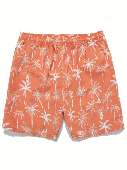 Men's Quick Dry Hawaiian Board Shorts With Pockets, Casual Coconut Tree Graphic Drawstring Swim Trunks For Summer Vacation Beach Pool Outdoor