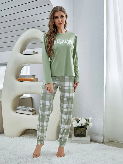 Women's round-neck printed long-sleeve top, plaid pants, pajamas, and loungewear