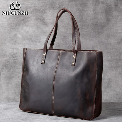 NIUCUNZH Men's Vintage Genuine Leather Tote Bag, Top Layer Cowhide, Large Capacity Shoulder Bag for Going Out, Briefcase Style Handbag, Maintenance Free