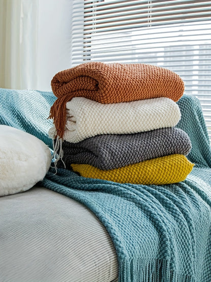 1pc Throw Blanket with Tassels, Bubble Textured Lightweight Throw Blanket for Couch Bed Sofa Home Decor