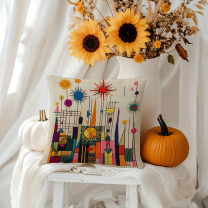 2D printing, 4pcs, abstract pillow set, with beige as the base, presenting elements such as sun and geometric shapes, full of artistic sense, non real embroidery. 45.72 * 45.72 cm, home decoration, suitable for sofas, living