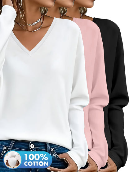 3pcs Women'S 100% V-Neck Long Sleeve T-Shirts - Soft, Durable, and Comfortable Casual Wear for All Seasons, Perfect for Holidays, Graduations, and Everyday Style, Everyday Comfort Wear | Minimalist Style | Soft Fabric Tee