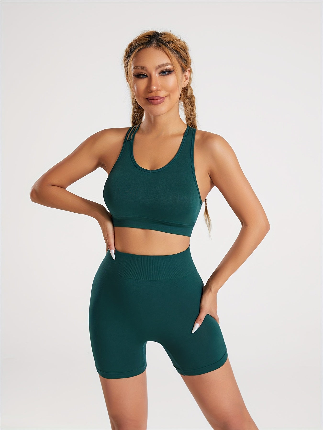 2pcs Yoga Workout Set, Criss Cross Sports Bra & High Waist Fitness Running Sports Shorts, Women's Activewear