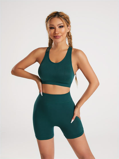 2pcs Yoga Workout Set, Criss Cross Sports Bra & High Waist Fitness Running Sports Shorts, Women's Activewear
