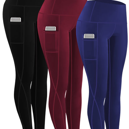 230g Women's Leggings Set of 3 High Waist Breathable with Pockets Compression Tights Multi-Color Suitable for All Seasons Daily Sports Fitness Yoga Shapewear