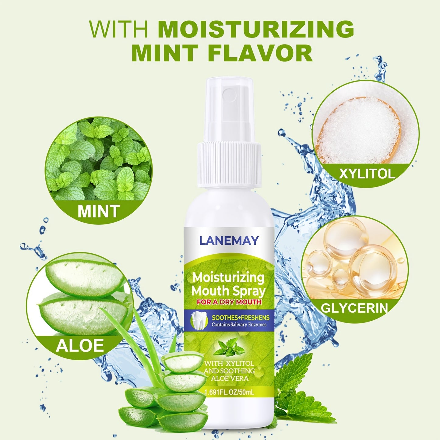 Lanemay Alcohol-Free Dry Mouth Moisturizer with Xylitol and Aloe Vera - Instant Relief Salivary Enzyme Breath Freshener, 1.69fl oz/50ml