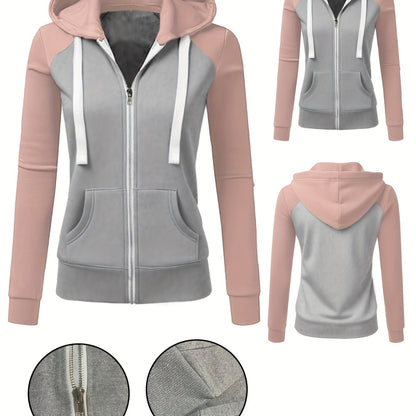 Women's Elegant Zip-Up Hooded Jacket - Slim Fit Winter Coat with Full-Zip Front Closure, Side Pockets - Machine Washable Outerwear for Office, Casual, Formal Events - Available Now!, Office Wear, Sleek Design, Soft Fabric, Fa