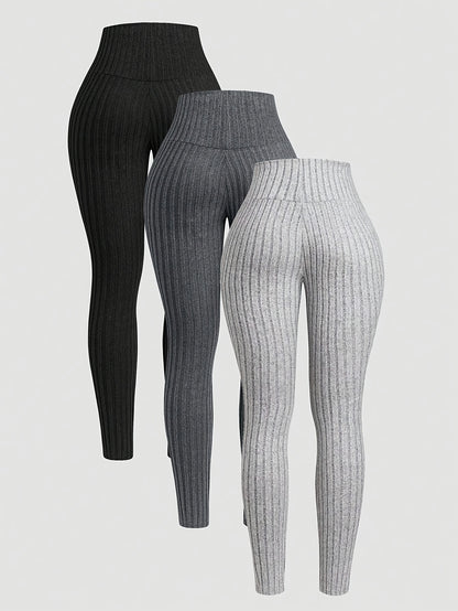 Conjunto de 3 peças de collants canelados de cor sólida para mulher - Cintura alta, casuais, essenciais para o outono/inverno, ajuste confortável, opções elegantes em cinzento, preto e branco. Collants estilosos | Estilo casual | Ajuste confortável