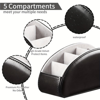 Remote Control Holder with 5 Compartments, PU Leather Multifunctional Desktop Storage Box/Remote Caddy/Pen Holder/Multi-Scene Practical Desk Organizer Shelf for Appliance Controllers, Stationery, Eyeglasses, Brushes, Office S