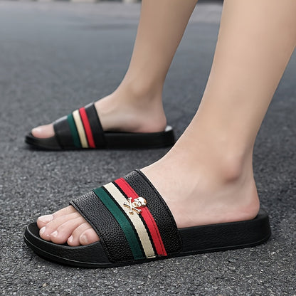 EKBN Men's Slip-Resistant Arch Support Mules - All-Season EVA Slip-On Slippers with Golden Buckle Strap & Black/Red/Green Striped Design, Cushioned Insole for Indoor/Outdoor House Shoes, Casual & Formal Wear - Comfortable & D