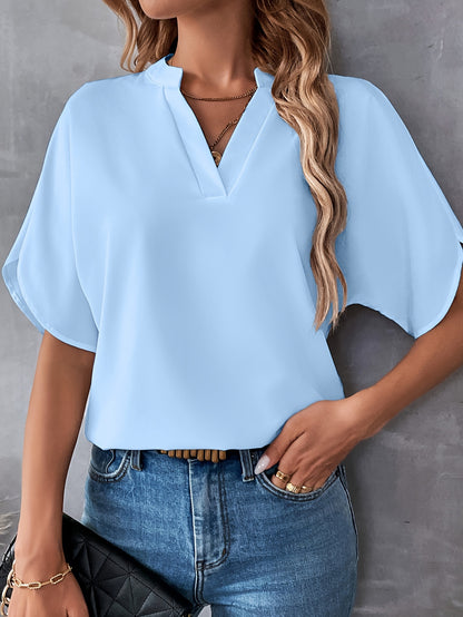 Solid Color Notch Neck Blouse, Casual Short Split Sleeve Blouse For Spring & Summer, Women's Clothing